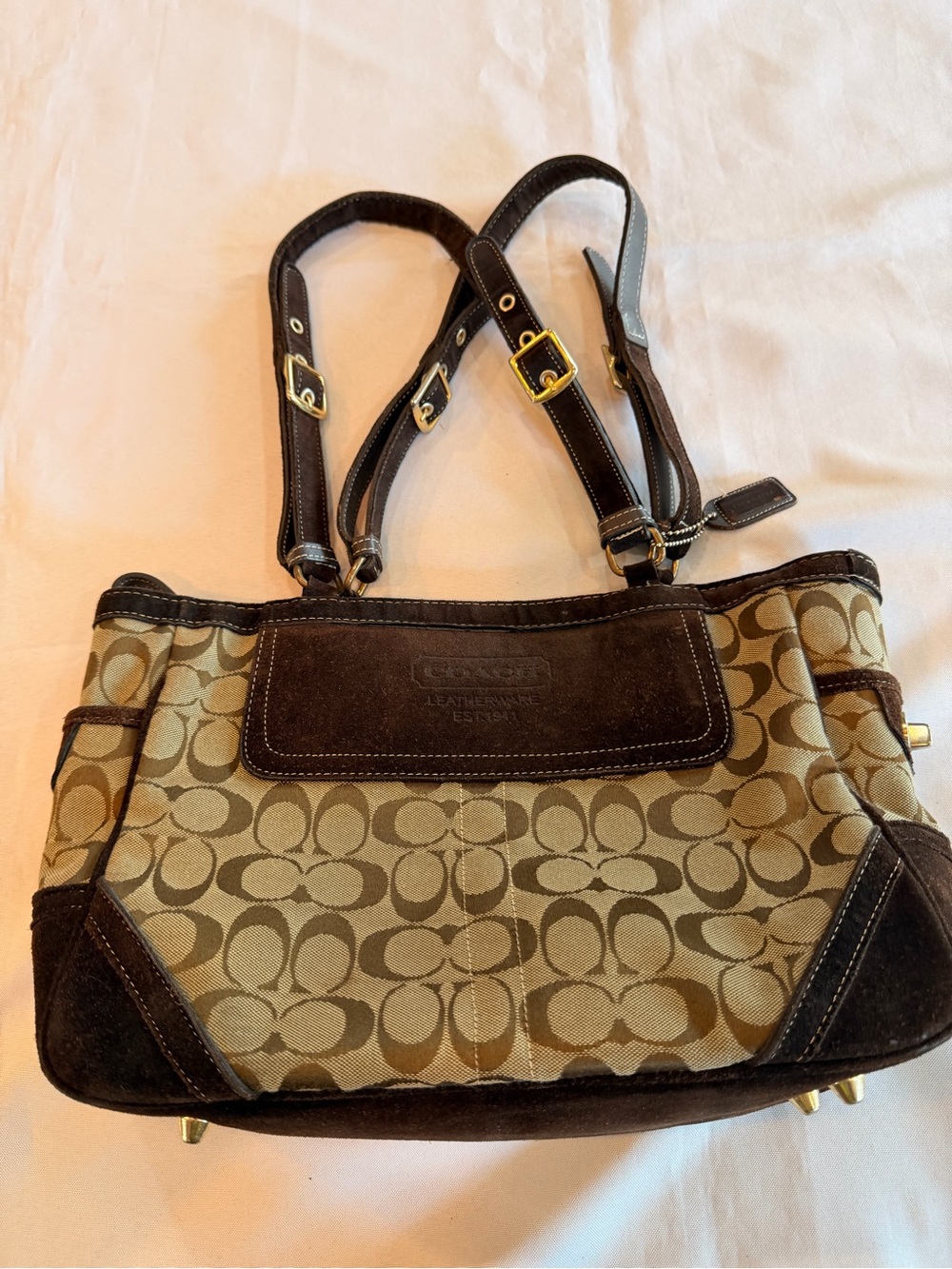 Vintage Coach Signature Gallery Tote No 8K49 with Brown Suede & Leather Trim